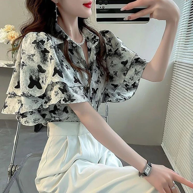 Midnight Elegance Ruffle Blouse