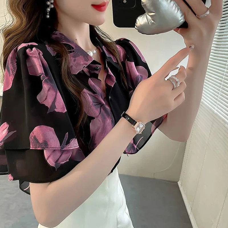 Midnight Elegance Ruffle Blouse